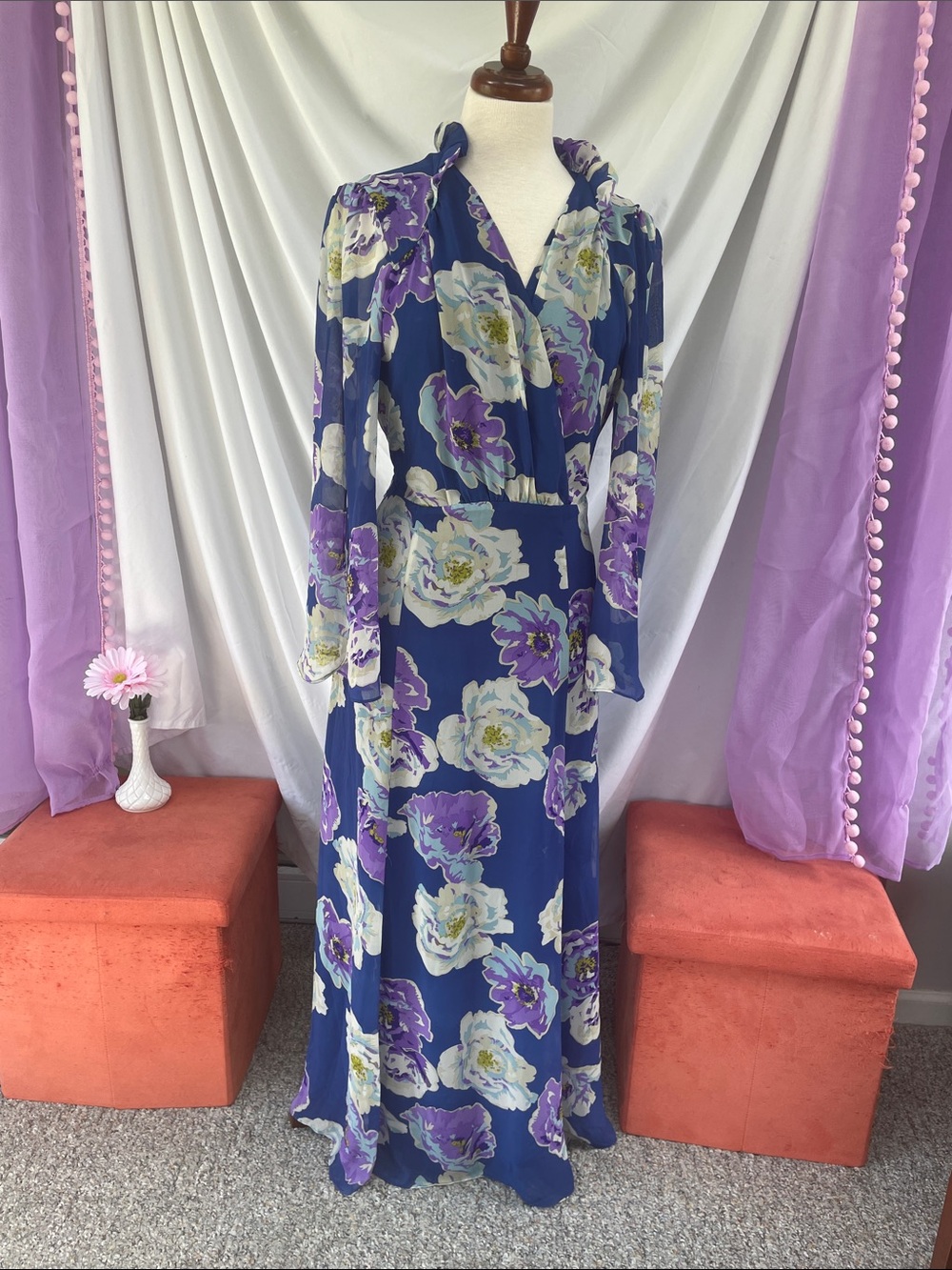 Vintage Floral Wrap Maxi Dress in Royal Blue and Purple